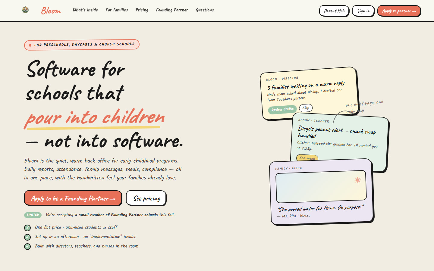 Bloom — childcare management homepage