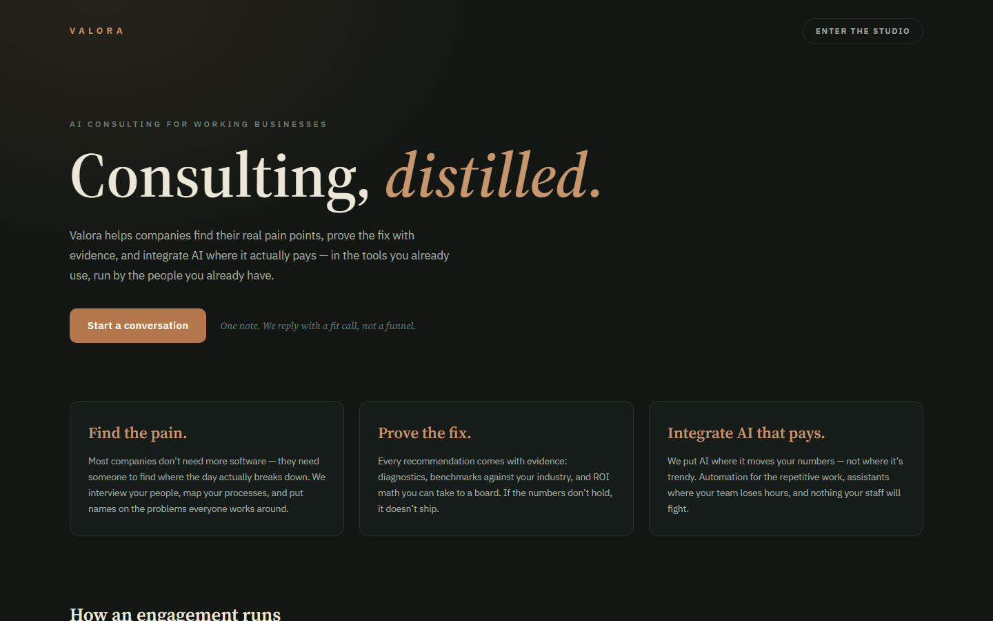 Valora — AI consulting homepage